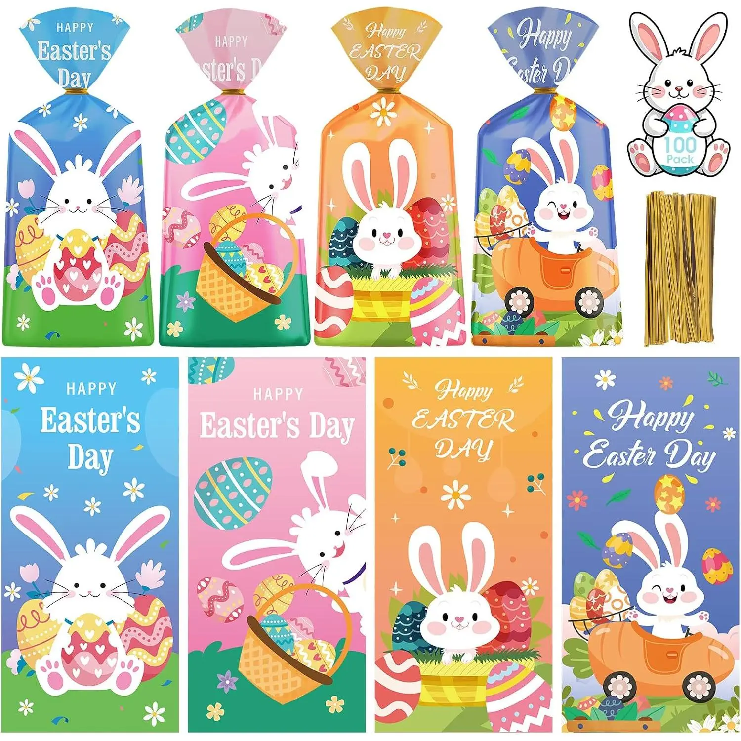 100 count Happy Easter  Bags - Cute Bunny Cellophane Goodie Bags, Plastic Happy Easters Day Cello Candy   Bag with Twist Ties for Spring Easter Party Favor Supplies, 4 Styles