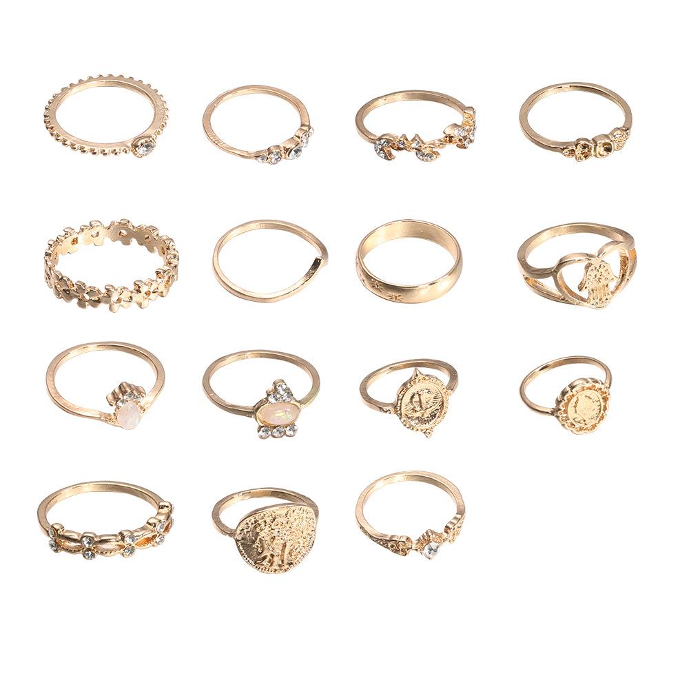 15 Pcs Vintage Gold Coin Opal Stackable Ring Set, Boho Gold Stacking Rings, Hypoallergenic Y2K Jewelry for Women