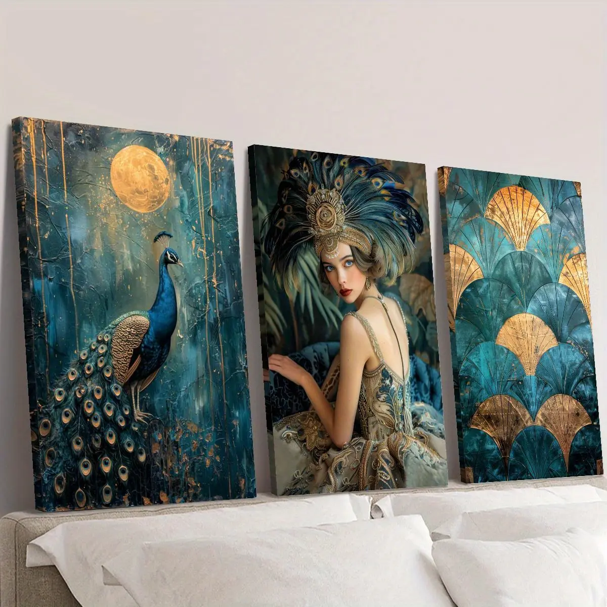2D flat paintings, 3-piece set of 1920s Gatsby girl prints--featuring decorative motifs of a rooster with floral branches, a full moon, and a flirtatious girl with a roaring 20s fan pattern, framed canvas paintings suitable for home decoration