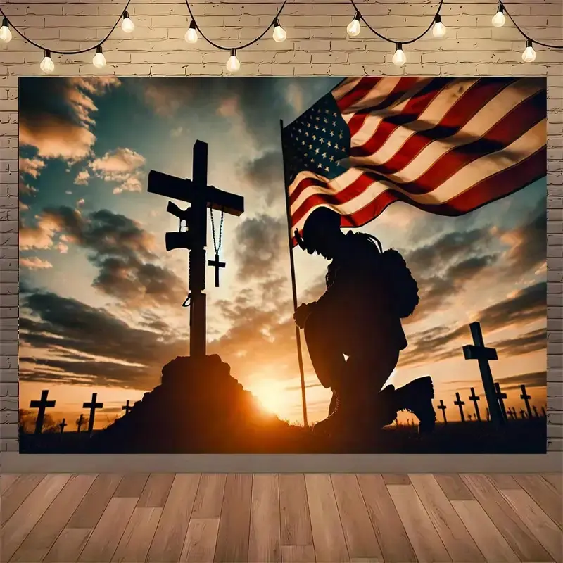 Patriotic Soldier Cross Backdrop Banner, Military Memorial Polyester Tapestry for Outdoor Party Decor, Photo Background, Festival Celebration Wall Hanging