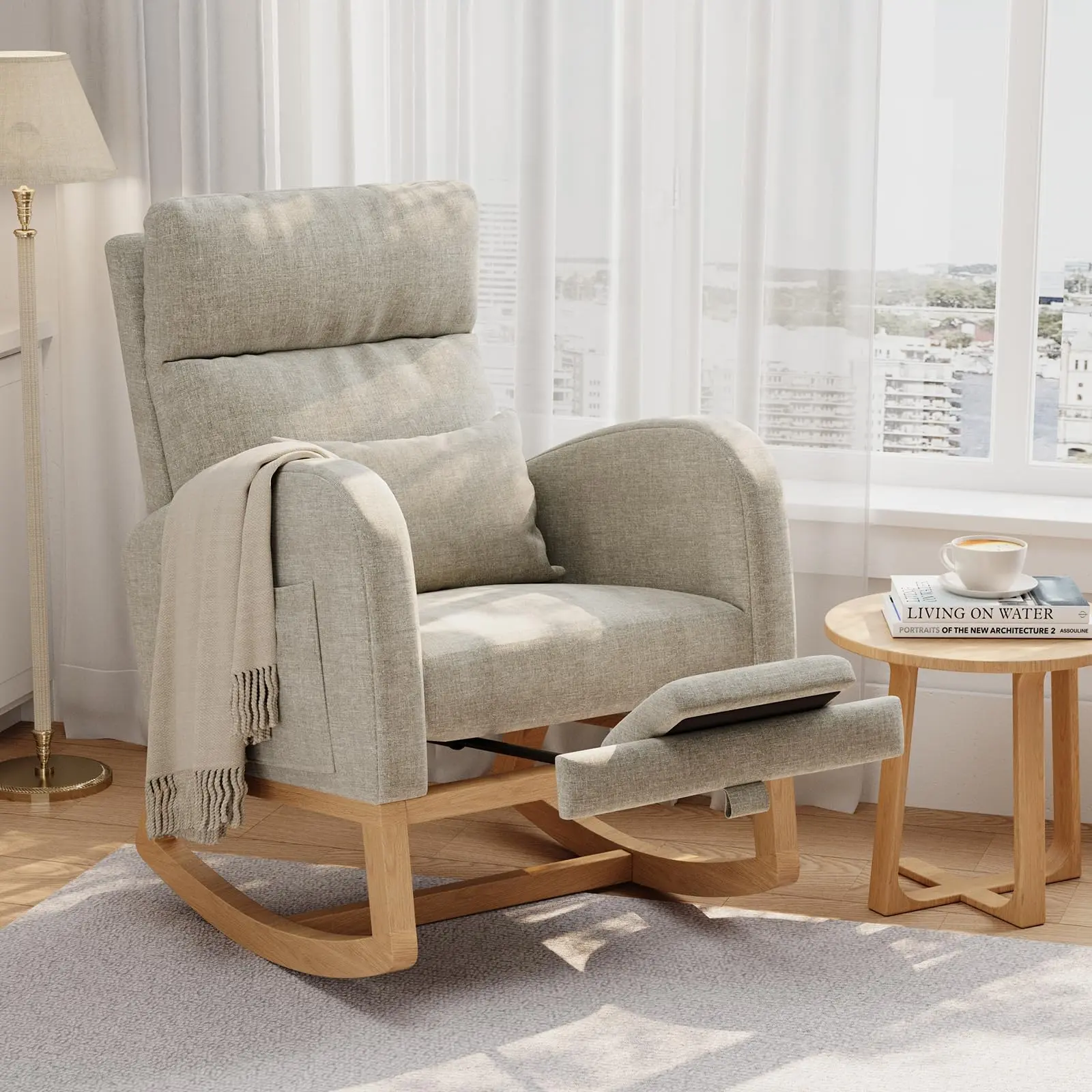 Corduroy Rocking Chair, Modern Nursery Glider Chair with Side Pockets and Pillow, Rocker Chair