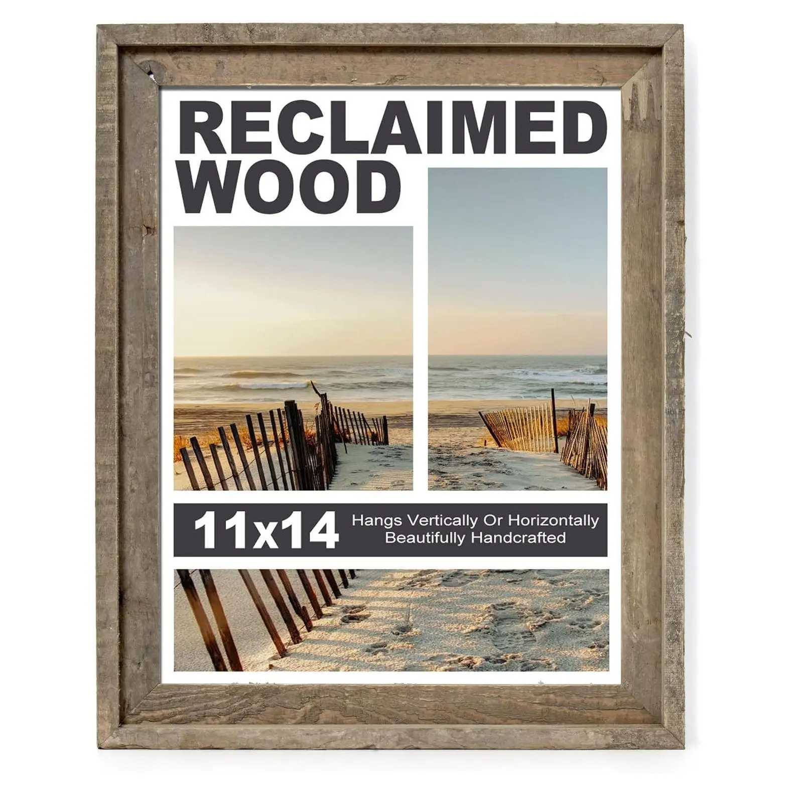 11x14 Reclaimed Barnwood Picture Frame with Tempered Glass, FSC-Certified, Horizontal & Vertical Wall Mount DisplayGift