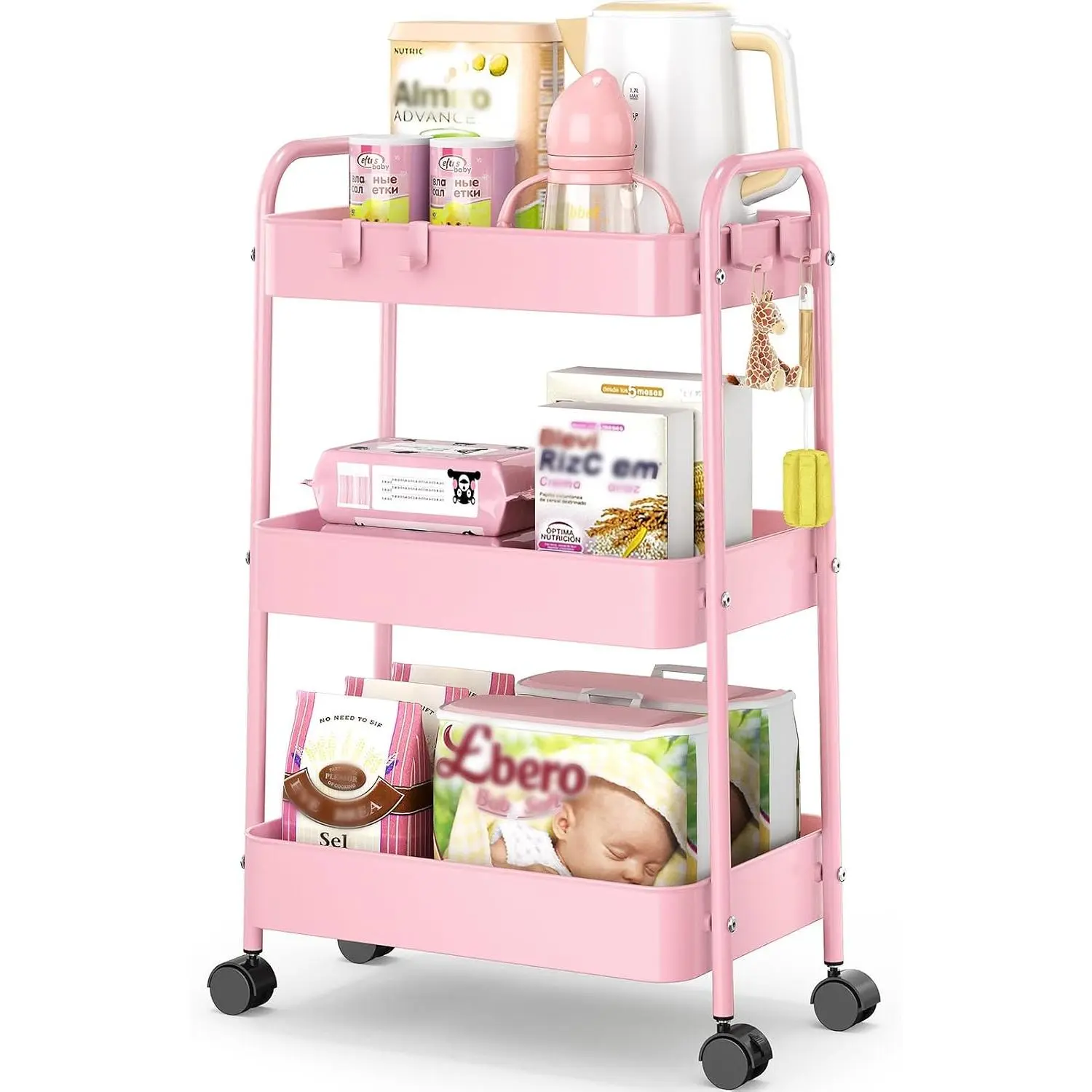 3 Tier Rolling Cart, Metal Utility Storage Cart with Wheels,  | 4 Hooks, Lockable Wheels, Trolley Organizer for Bathroom, Kitchen, Office, , Dorm, Laundry Room