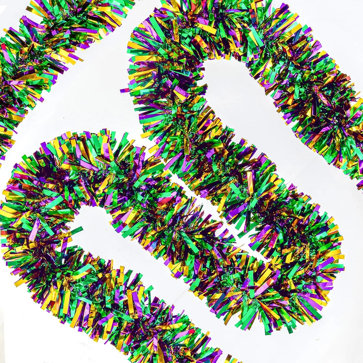 33FT Mardi Gras Tinsel Garland  Green  Metallic Twist Tinsel Garland Mardi Gras  Garland for for Mardi Gras Carnival Deocoration Tree Stair Mantle Party