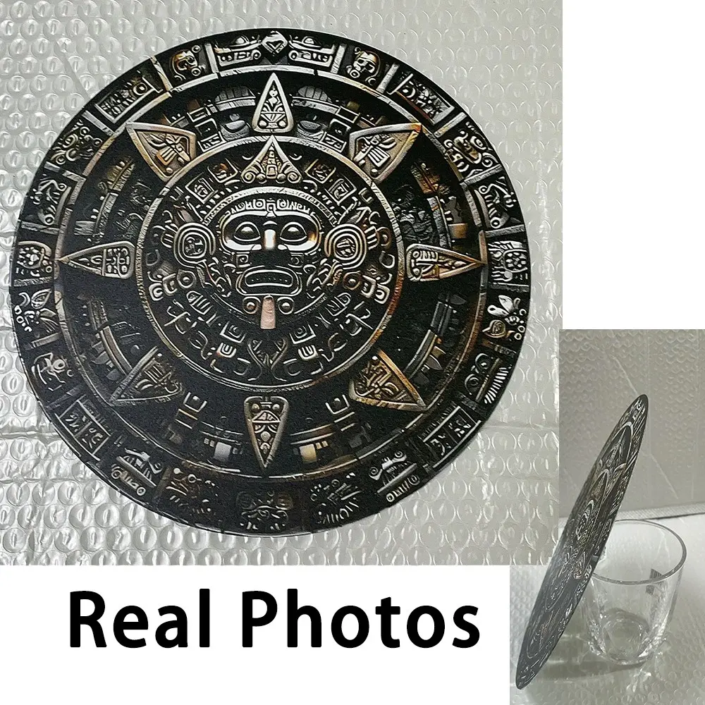 Aluminum Metal Mayan Calendar Wall Art Round Vintage Aztec Calendar with Authentic Symbols for Home Decor Office Man Cave Gift Artwork