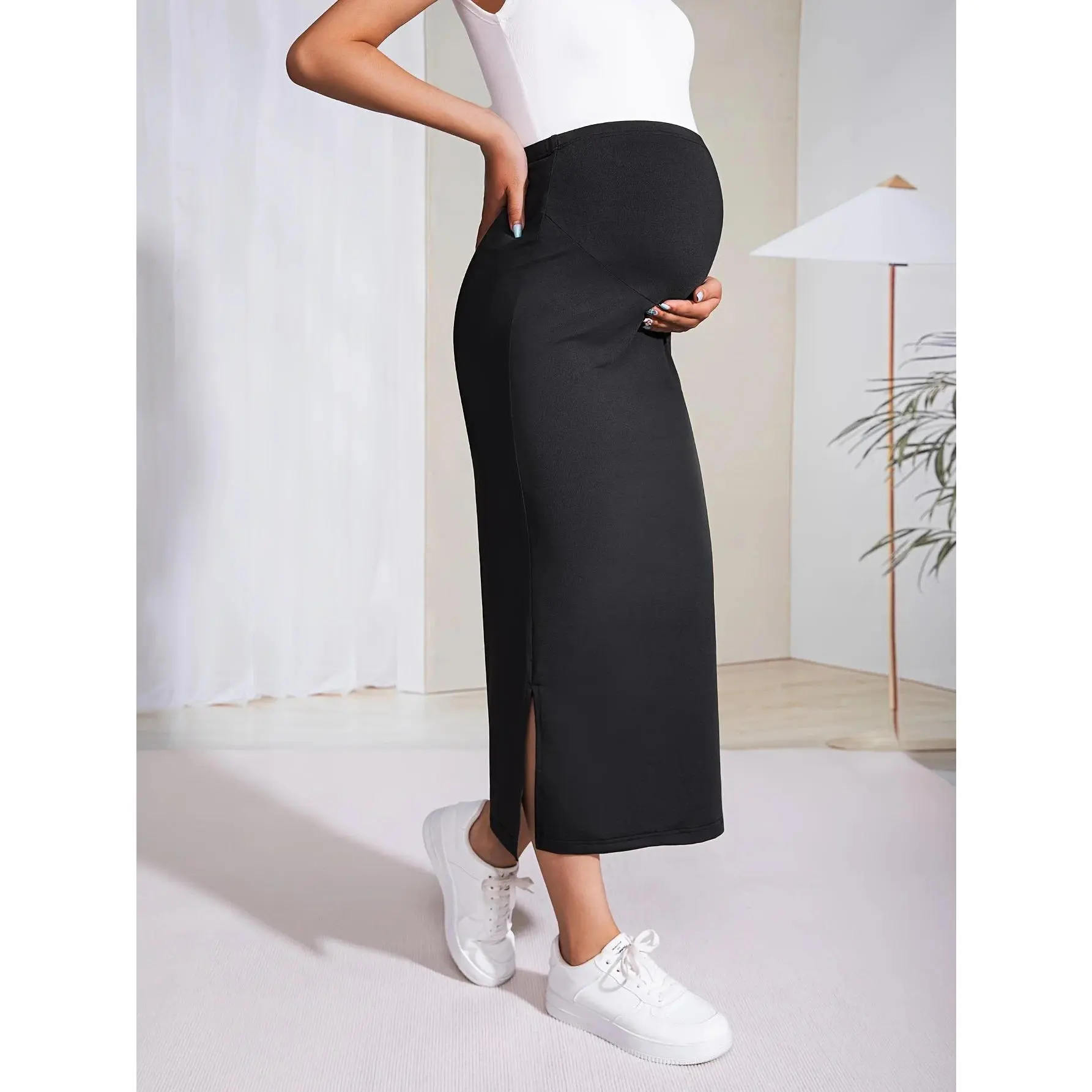 Maternity Clothes - Modest Look Casual Summer Dress, Breathe Stretch Bump-Friendly Black Hip-Hugging Above Ankle Versatile Comfortable Maternity Clothing, Pregnancy Clothes, Maternity Apparel