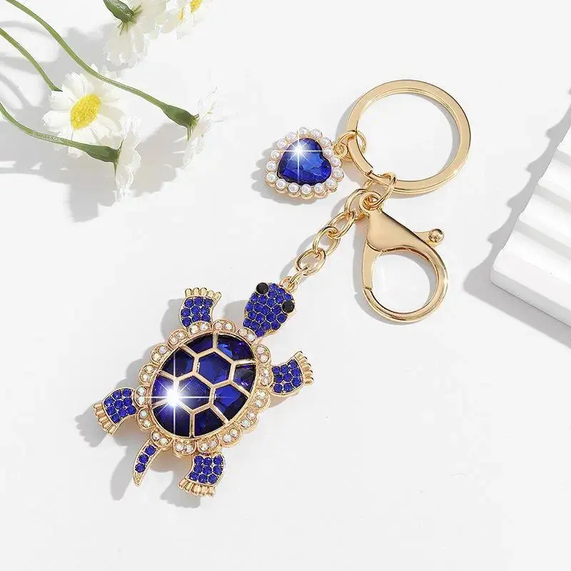 Blue Crystal Sea Turtle Keychain, Sparkly Rhinestone Ocean Animal Bag Charm with Heart and Pearl Accents, Gold-Tone Key Ring Gift for Women