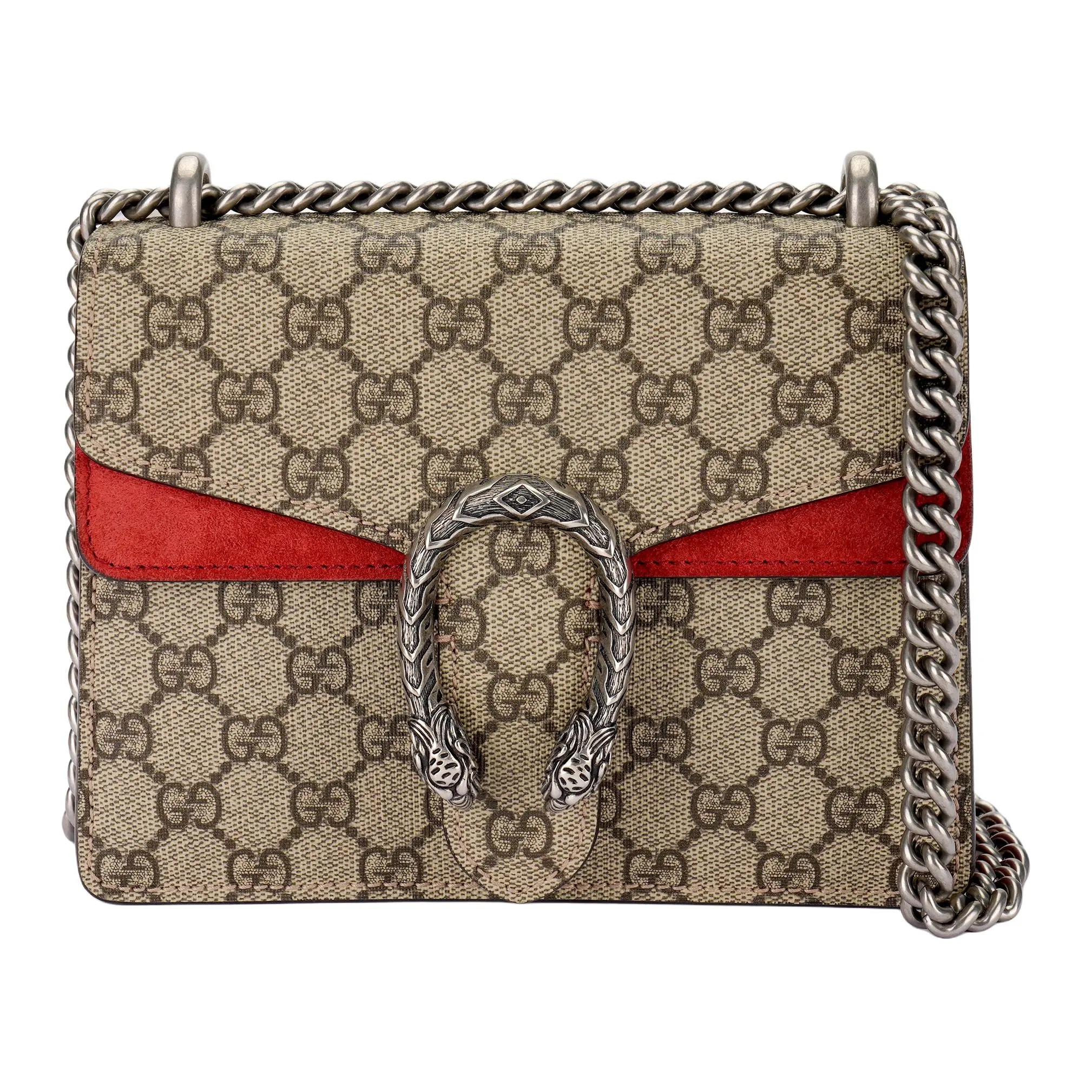 Gucci Dionysus Distressed Tiger-Embossed Horsebit Chain Bag for Women in Ebony and Red