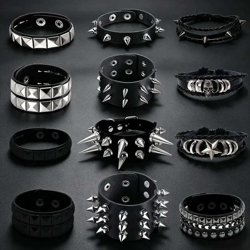 12 Pack Adjustable Unisex Black Faux Leather Spiked Rivet Bracelets - Gothic Rock Skull Star Charm Wristbands, Casual Daily Wear Streetwear Costume Jewelry Accessories, Cool Birthday Holiday Gift, Streetwear Accessories, Spiked Look, Adjustable Size, Cool