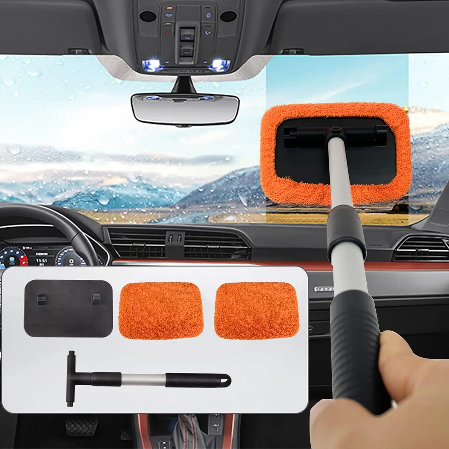 Glass Cleaner Wiper,Windshield Cleaning Tool, Microfiber Window Cleaner with Extendable Handle,Auto Glass Wiper Kit(Orange Square)