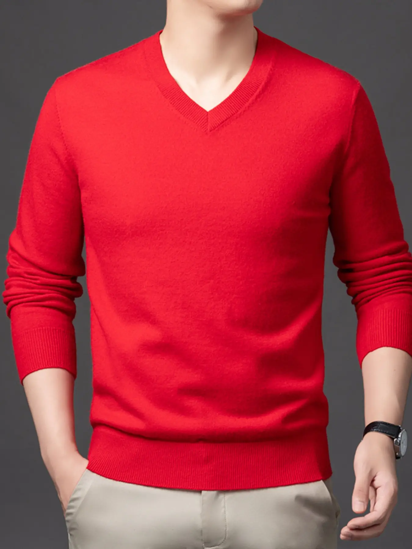 Men's Plus Size Heart Neck Long Sleeve Thick Knit Sweater, Extra Large 300lbs Solid Color Casual Pullover, V-Neck Bottom Shirt