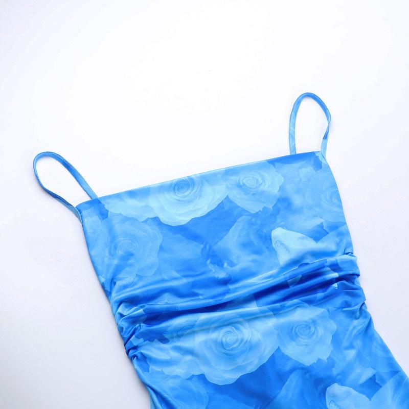 Rose Print Ruched Lace Up BacklessCami Dresses for Women, ElegantSleeveless Bodycon Capri Sun DressLong Dress for Summer, BirthdayDresses 2024, Fashion Women'sDress for Beach Holiday, Capri SunDress Valentine's Day, gift Casual Womenswear Blue Floral