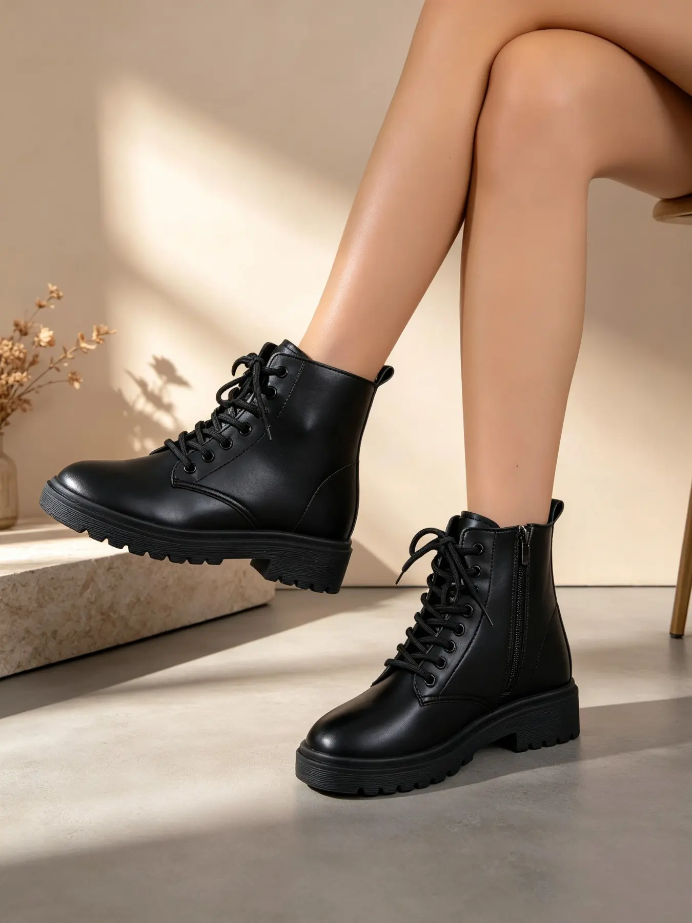 Thick Sole Solid Color Boots for Women, British Style, Side Zipper Lace-Up Short Boots, Fall Winter Versatile Height-Boosting Workwear Motorcycle Boots