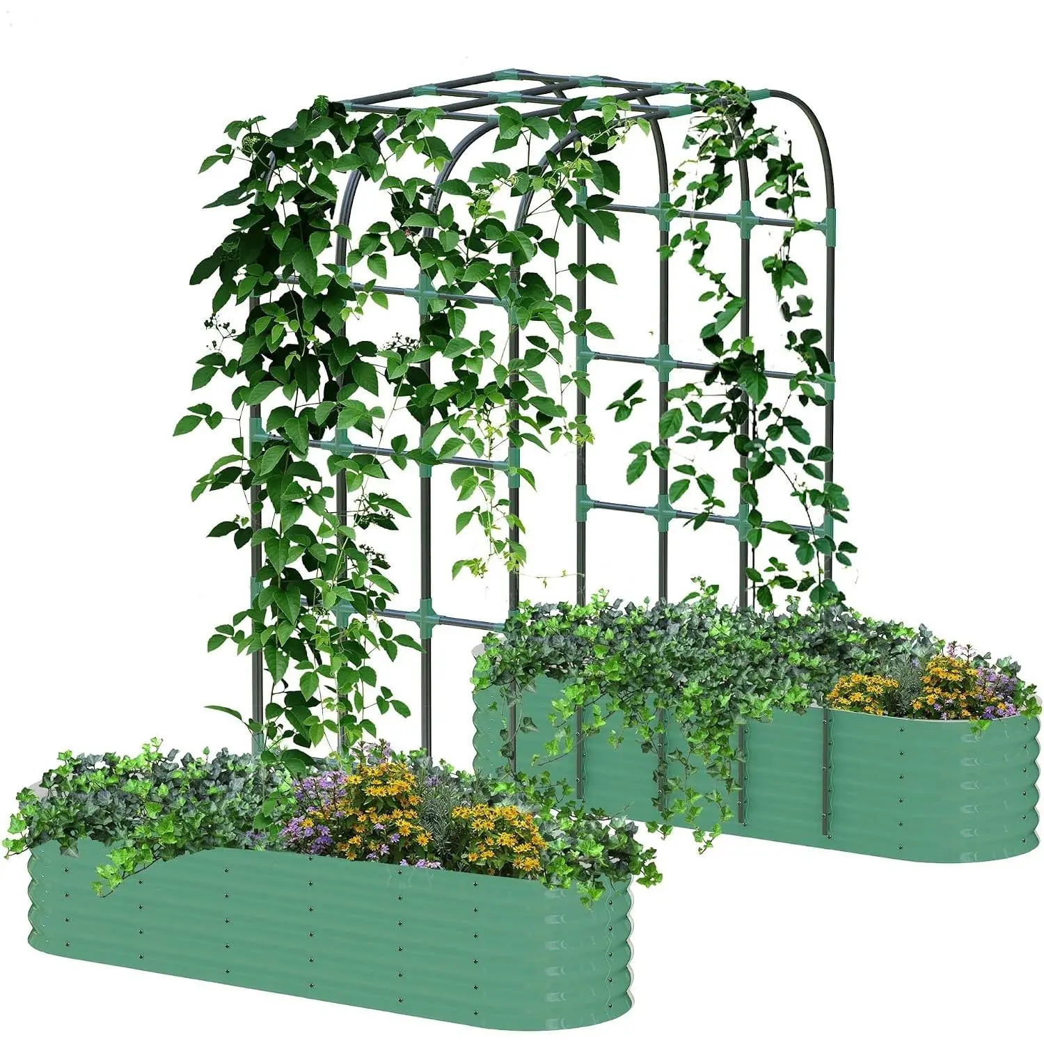 3-in-1 galvanized metal elevated garden bed with 95 inch high arched grid - rust resistant expandable planting box for climbing vegetables, flowers, and herbs - including plant ties, clips, and drainage network