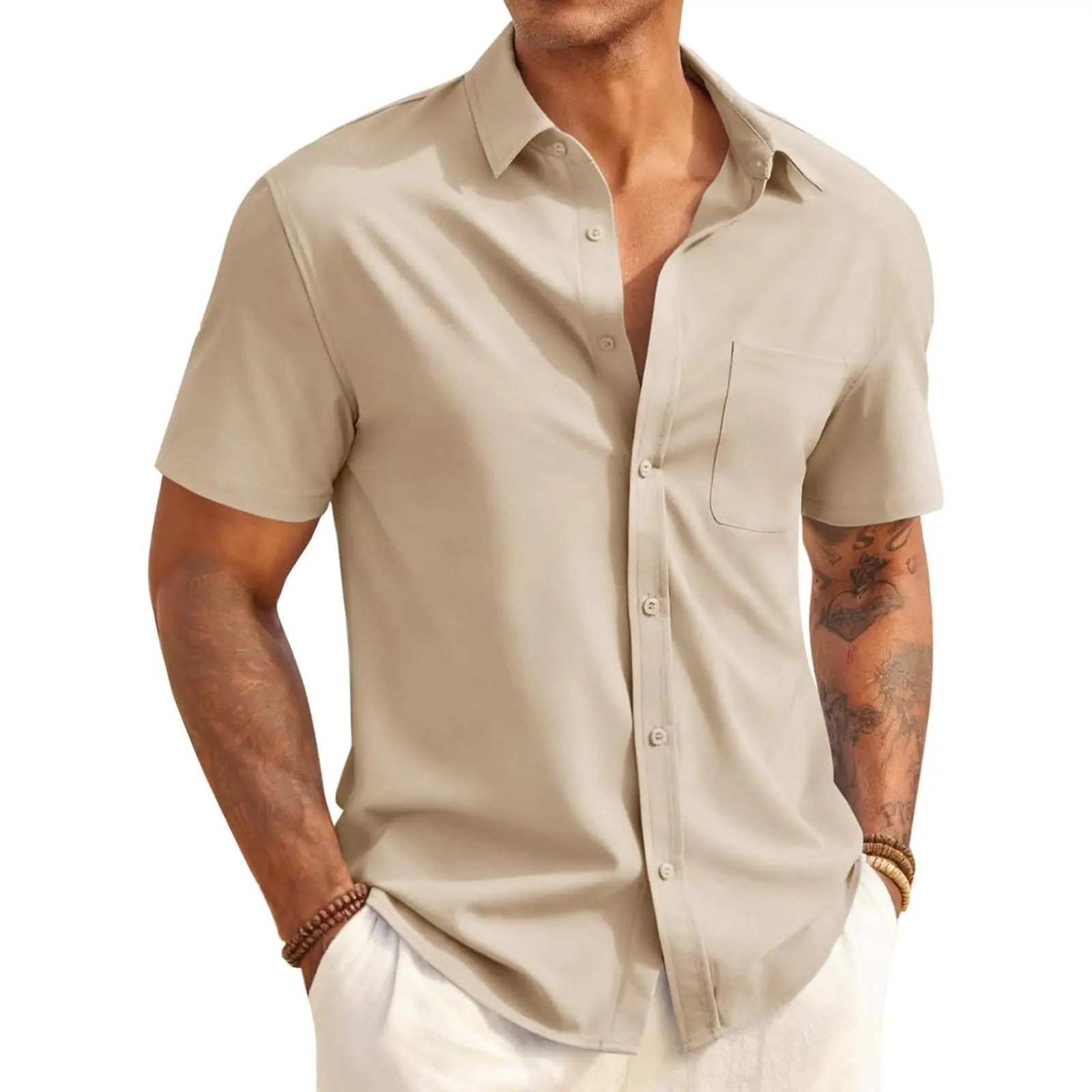 Aoysky Mens Button Down Shirts Short Sleeve Casual Dress Shirt Summer Linen Untucked Shirts with Pocket