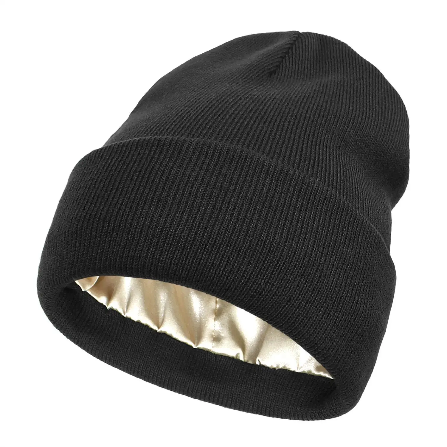 Unisex Plain Beanie Hat - 2-Layer, Anti-Static, Satin-Lined, Slouchy Warm Cuffed Skullies, Winter Hair Cover Sleep Cap for Women