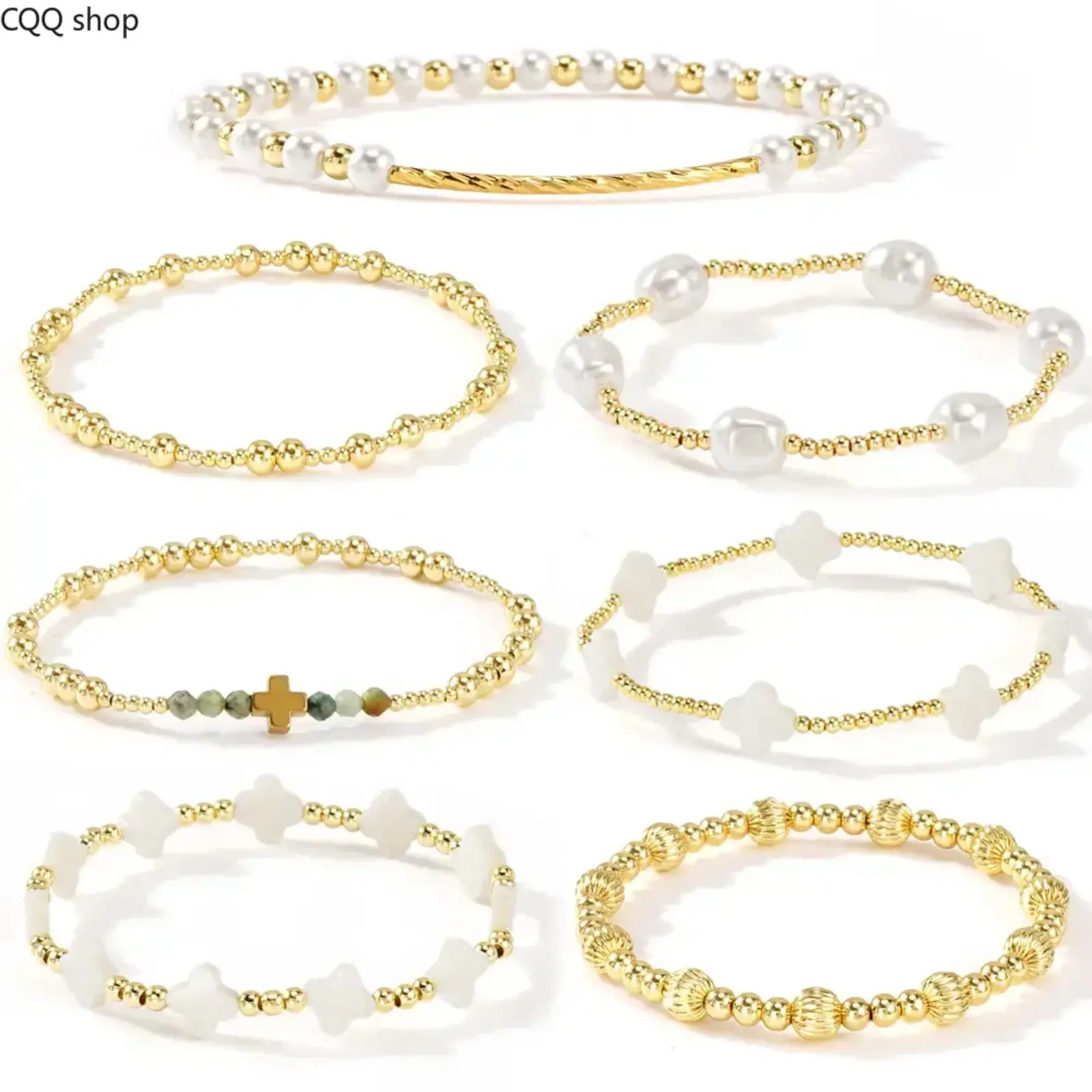 Women's Boho Style Jewelry 7PCS Stackable Bracelets Set - Handmade Gold-Plated Cross, Clover, Pearl Beaded Stretch Bangles, Fashion Costume Jewelry Accessories, Teen Girl Gifts