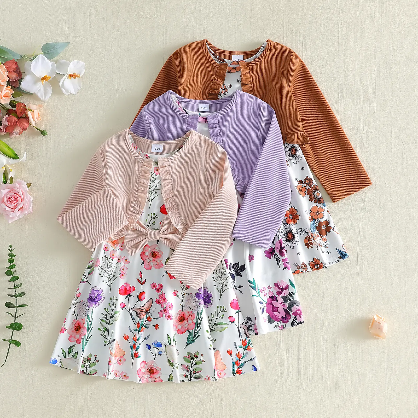 Baby Girls 2Pcs Fall Outfits Sleeveless Floral Print Dress + Long Sleeve Cardigan Set Toddler Clothes
