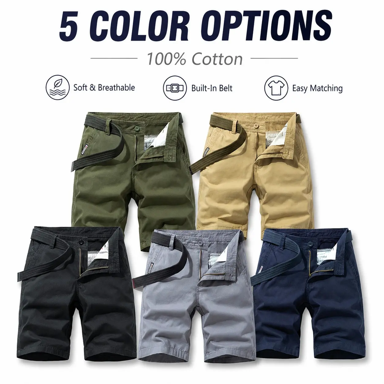 Men's 3-Pack Classic Fit Shorts in Soft 100% Cotton with Belt, Pockets, and Zipper Fly for Casual Summer Outdoor Wear, Plain, Menswear, Mens Clothing, Mid Waist, Basic, 3Pss Black + Gray + Khaki, Pocketed
