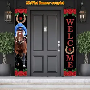 Kentucky Derby Horse Theme Vertical Couplets, Jockey Rose Horseshoe Welcome Hanging Art, Party/outdoor Decor, 2D Flat Design