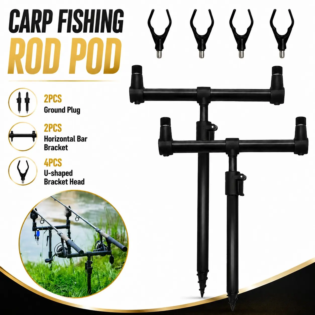 Complete Carp Rod Pod System 2 Ground Plugs 2 Buzz Bars 4 U Rod Holders Portable Bank Fishing Rod Support Bracket For Multi Rod Carp Angling