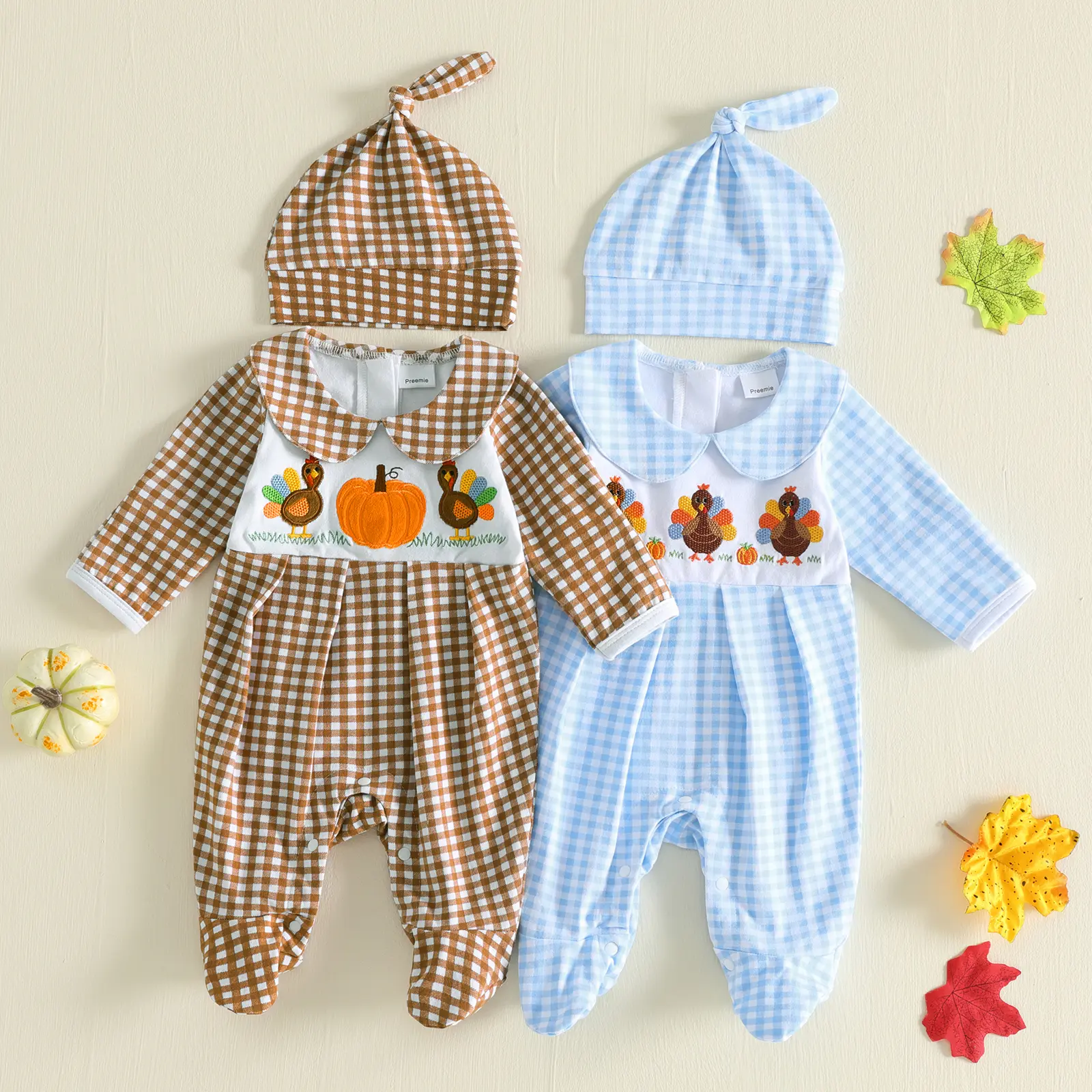 Babamoon Newborn Infant Baby Boy Thanksgiving Plaid Romper Pumpkin Turkey Long Sleeve Footed Jumpsuits with Hat