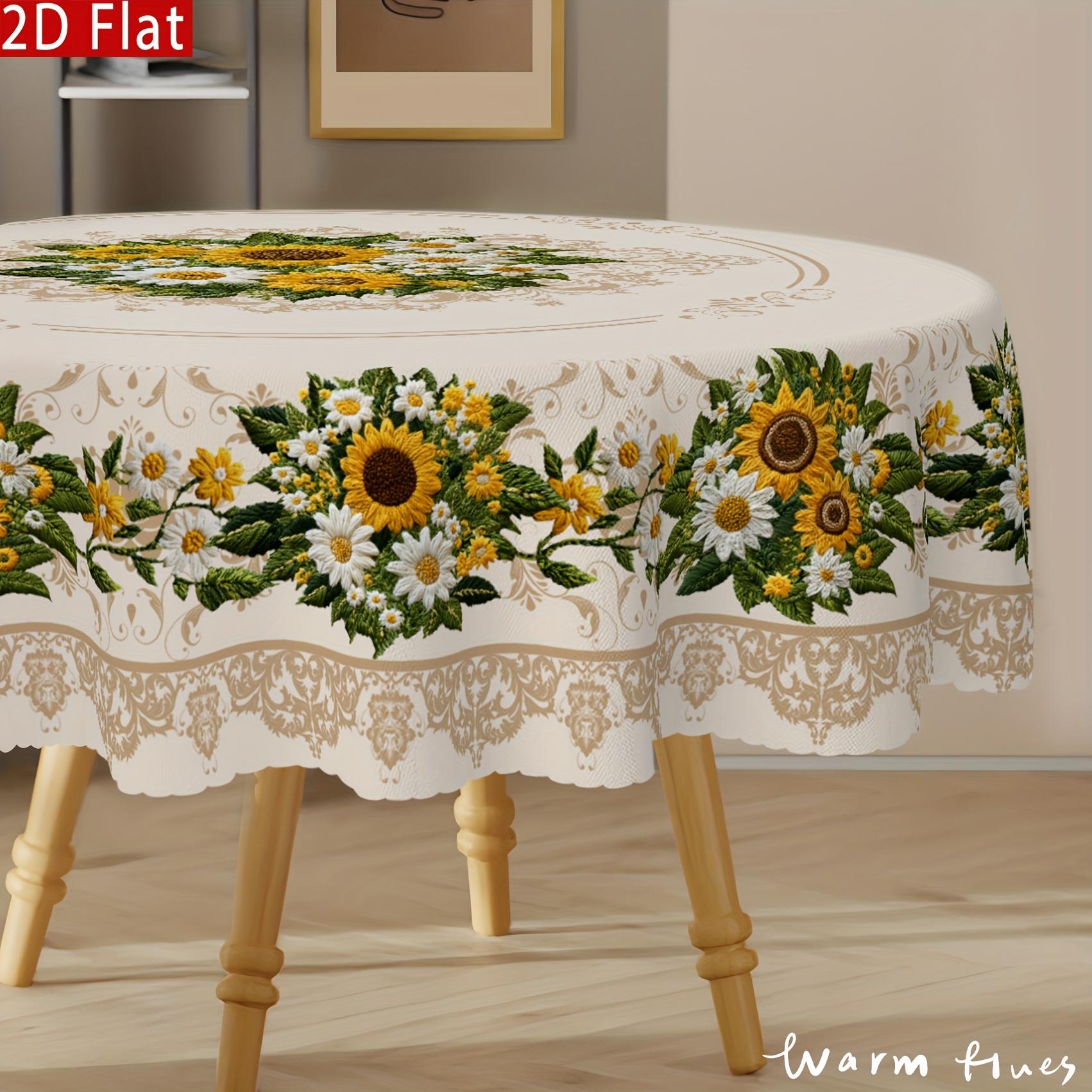 1pc Vintage Sunflower & Daisy Tablecloth - Non-Embroidered European Floral Design, Durable Polyester Rectangular Table Cover for Round/Oval Tables, Kitchen Dining Room Patio Picnic Decor, Easy-Clean Vintage Home Decor, Machinemade Textile, Sunflower Kitch