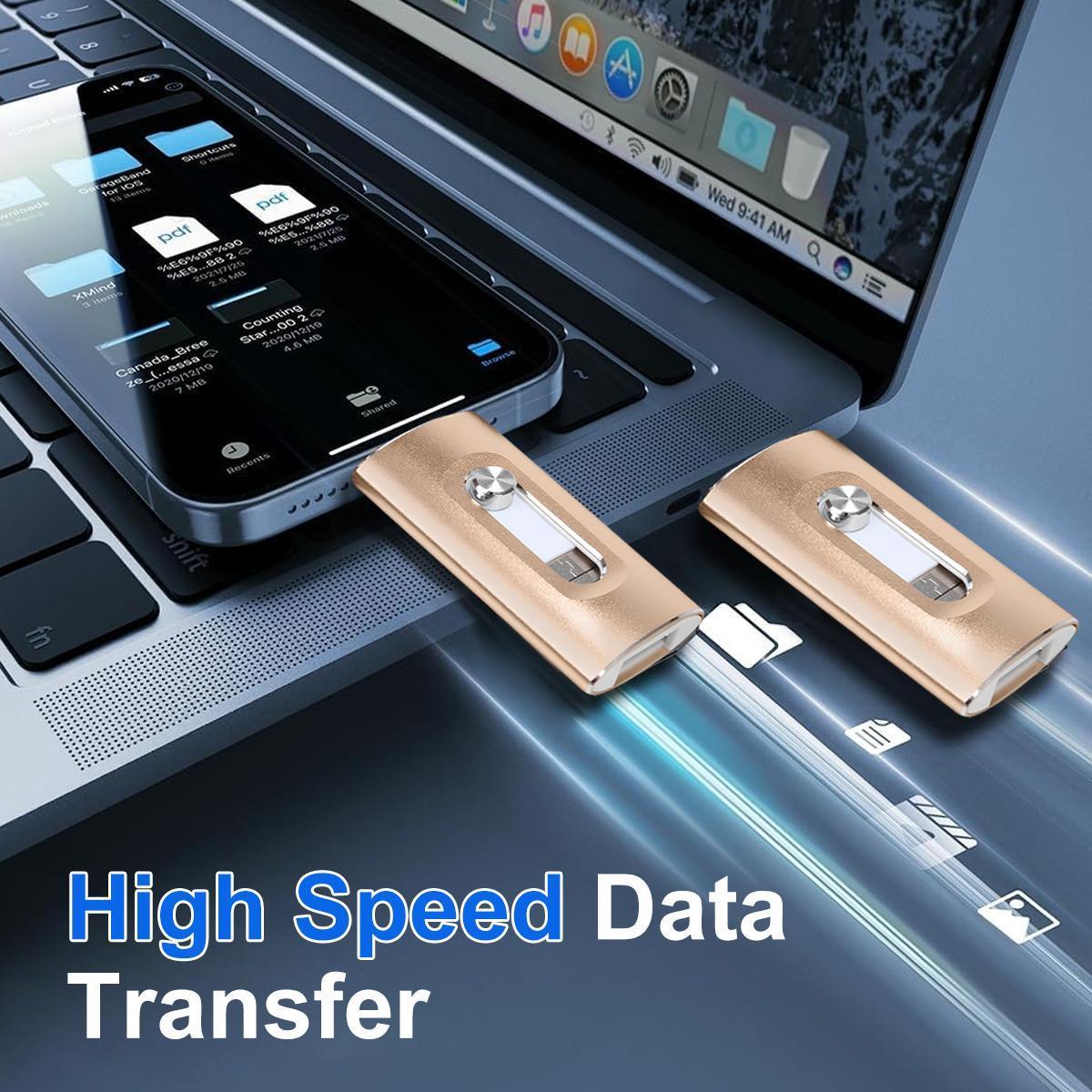 3 in 1 Flash Drive (App Required) - High Speed USB 3.0 Memory Stick with Free Type-C Adapter for iPhone/iPad/Android/PC, OTG Flash Pen Drive for Photos & Videos Backup