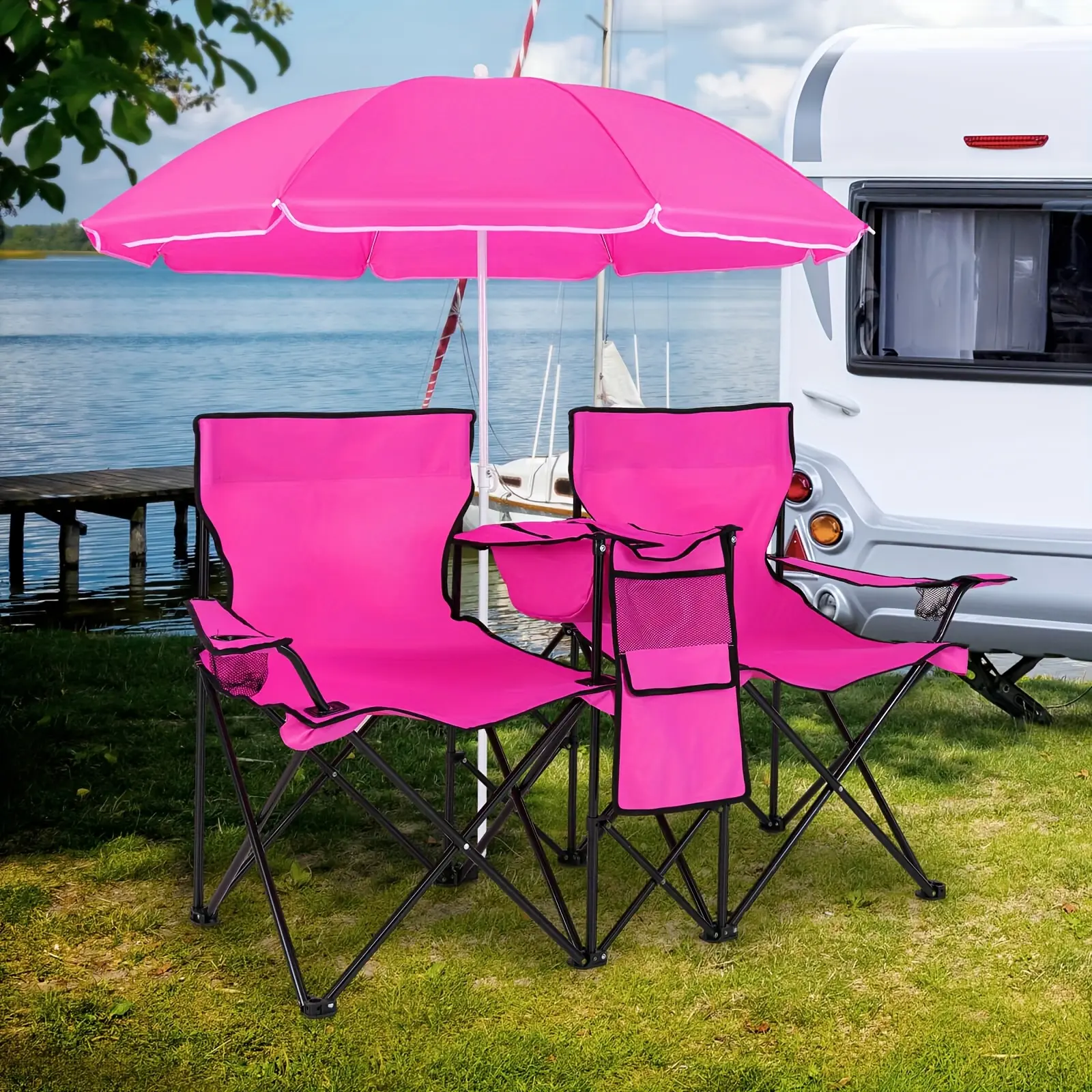 Compact Collapsible Picnic Chair Set with Umbrella, Table, And Cooler for Beach Outings And Camping
