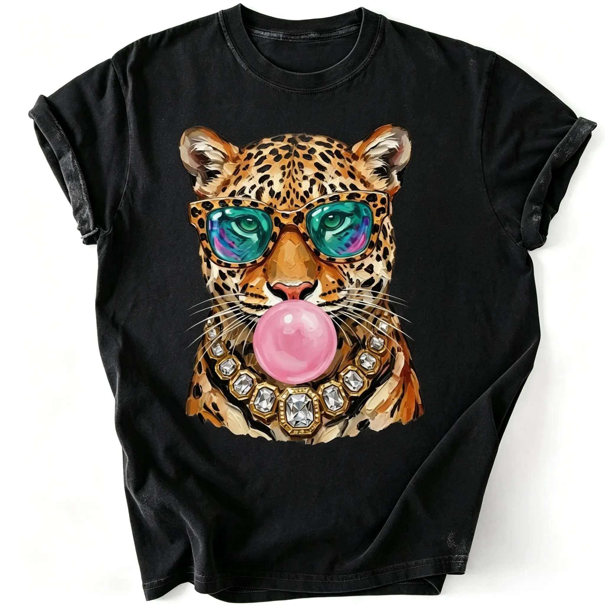 Trendy Leopard Shirt, Bubblegum Sunglasses Big Cat Graphic Unique Tshirt, Retro Animal Graphic