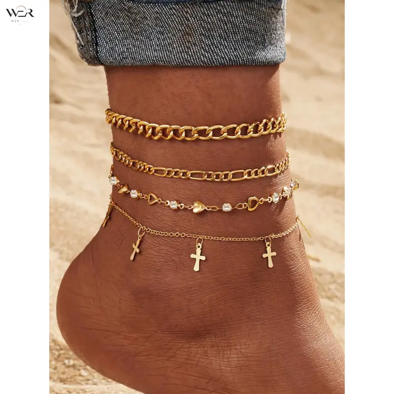 Women's 4-Piece Gold-Tone Anklet Set - Chunky Chain, Figaro, Heart, Cross Designs, Sparkling, Lightweight, Comfortable, Versatile Feminine Costume Jewelry, Anklets for Women, Ideal Gift for Daily Wear