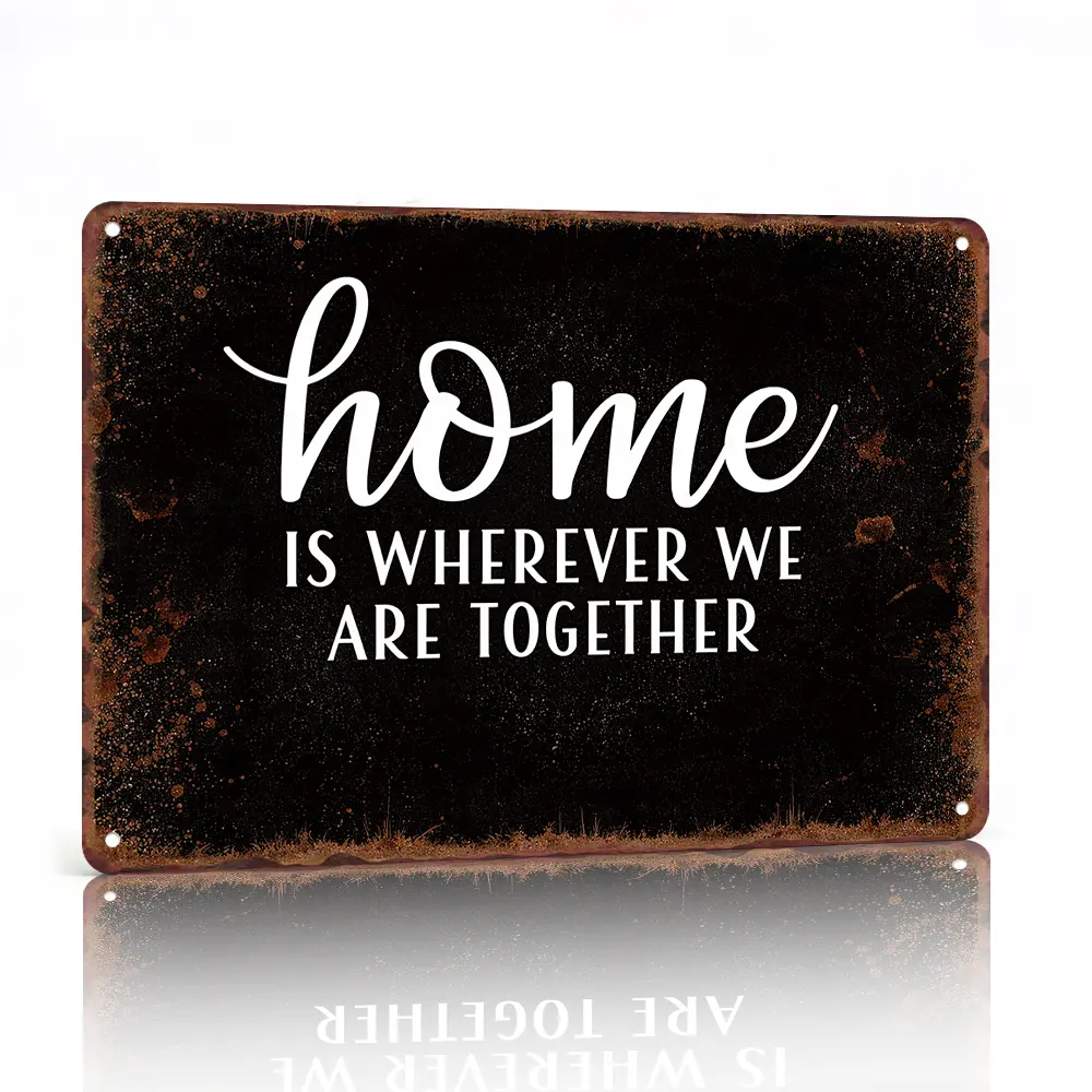Vintage Rustic Aluminium Tin Sign with Waterproof Coating - Cursive "Home Is Wherever We Are Together" Quote, Black Rust Speckled Design, Farmhouse Indoor Display for Living Room, Housewarming Wedding Gift Plaque