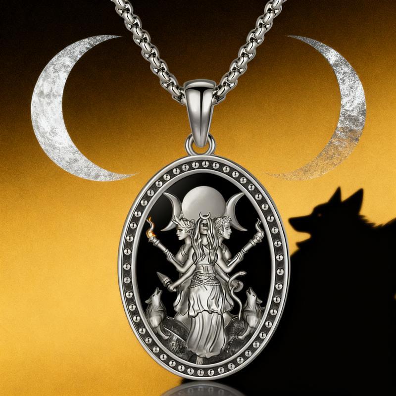 March Goddess Hecate Necklace Unisex Witch Jewelry Silver Tone Oval Pendant Daily Wear Spiritual Amulet Mystic Symbol Protection Accessory