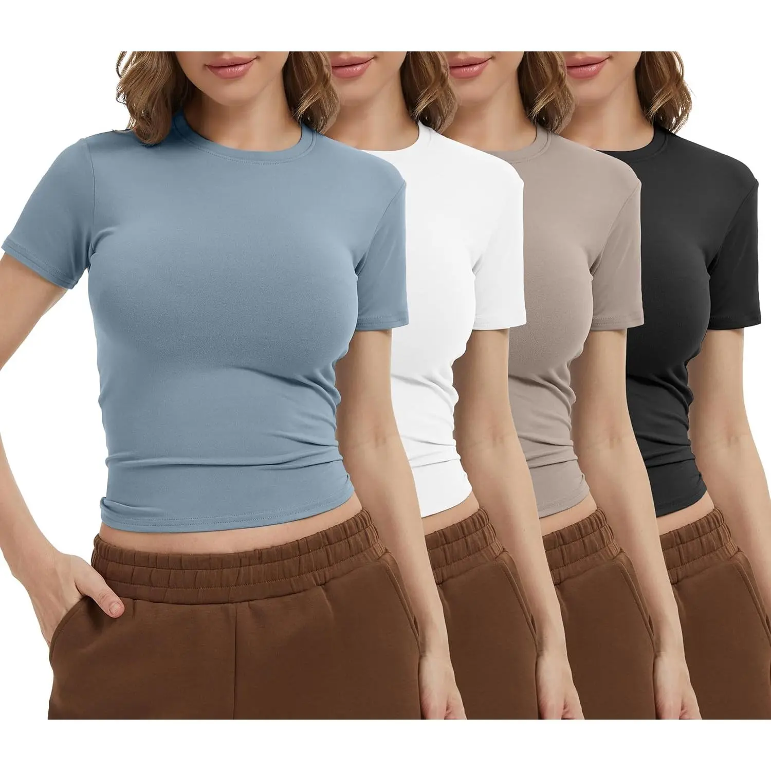 4 Pack Women's Workout Shirts Compression Short Sleeve |   Slim Fit, Crew Neck, Running, Yoga, Gym, Athletic, Fitted, Crop, T-Shirts, Underscrub, Top
