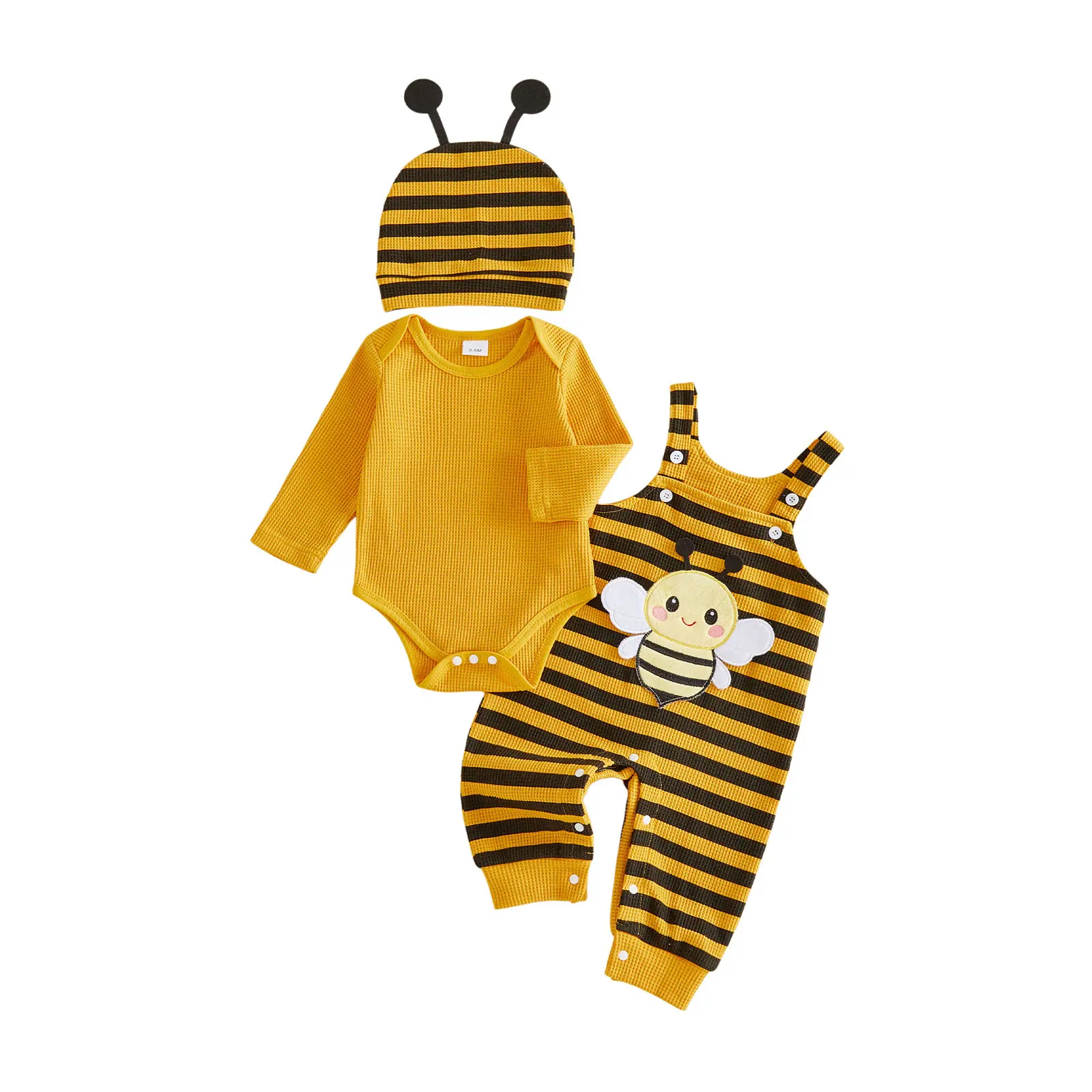 FOCUSNORM Infant Baby Boys Halloween Outfits Long Sleeve Romper and Suspender Pants Hat Set Newborn Bee/Ladybug Cosplay Costume 0-18 Months