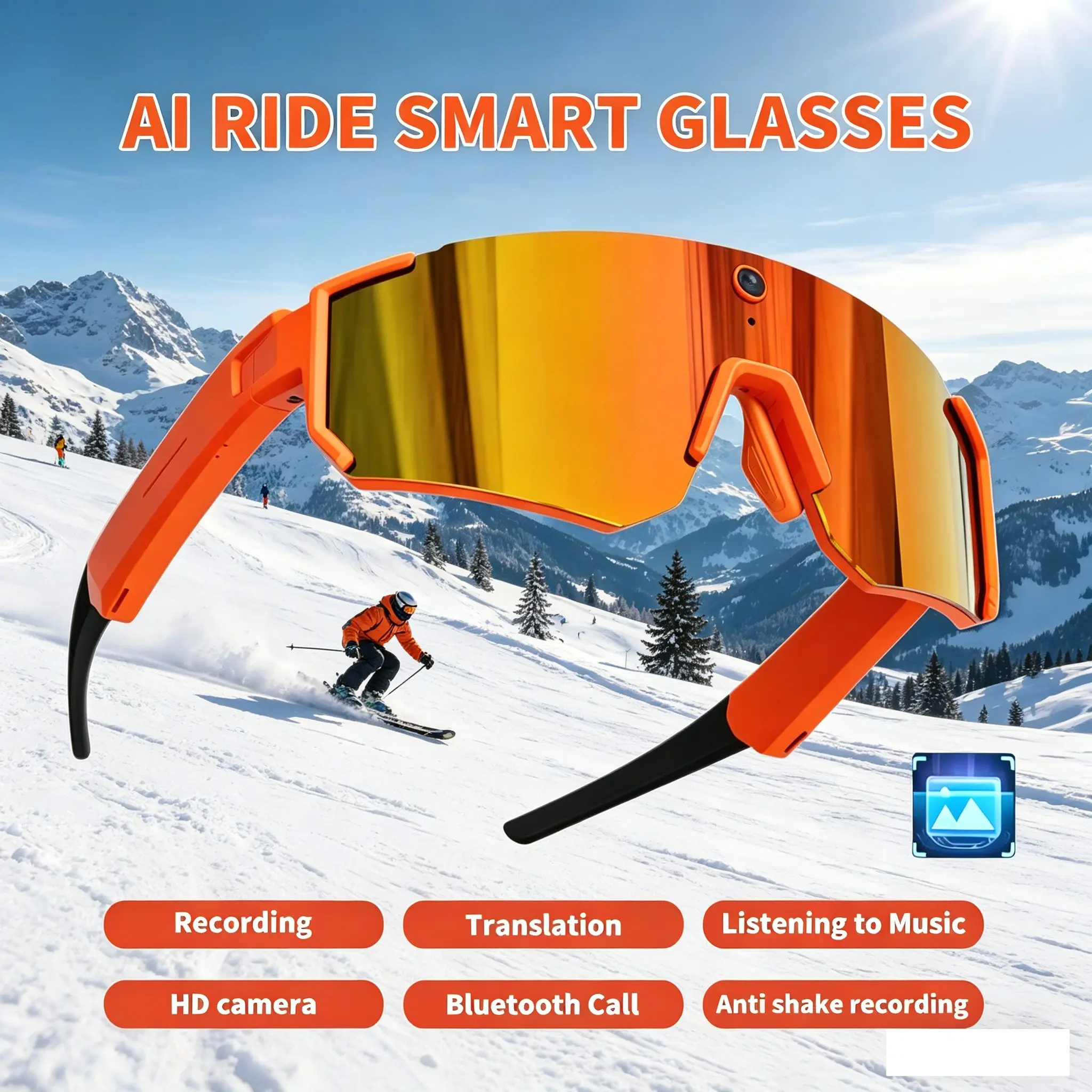 2026 Ai Ski Smart Glasses, 800w HD Stabilized Camera, Motion Capture, 3D Low Noise, Ai Chat, Sports Sunglasses, Skiing Eyewear, Windproof, Waterproof, Outdoor Sports Eyewear