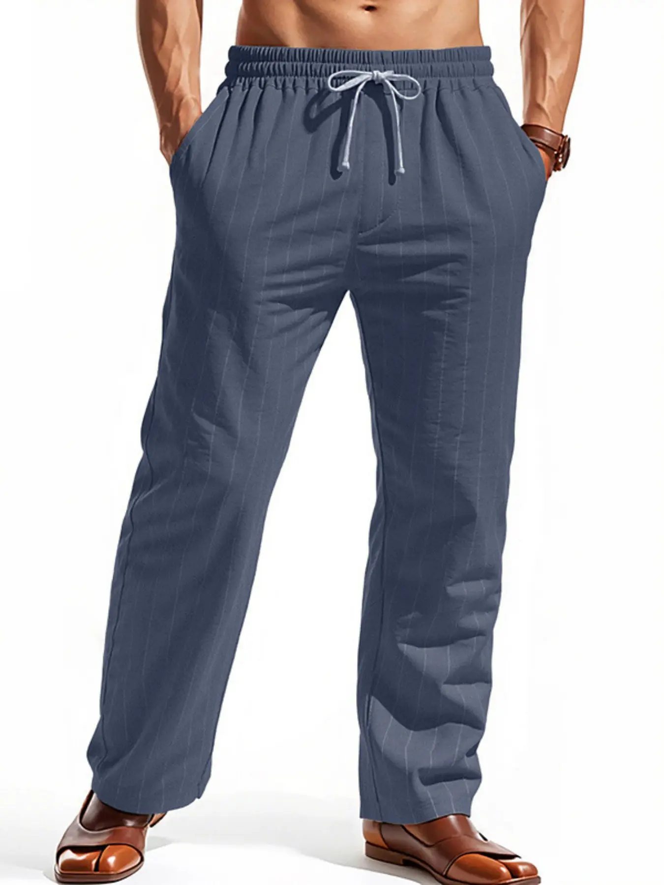Men's striped linen casual pants, lightweight and breathable with elastic drawstring waist, loose and straight fit, summer beach vacation lightweight and fashionable long pants