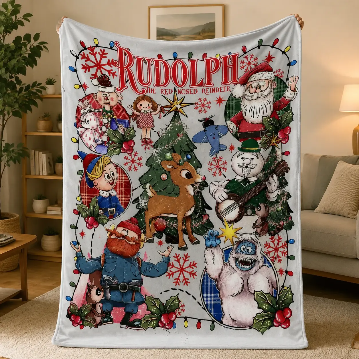Rudolph the Red - Nosed Reindeer Christmas - Themed Blanket| Sofa Binging Throw, AC Home Blanket, Outdoor Picnic Vibe For Christmas party decor, winter family movie nights, New Year gathering decor Ideal for Christmas, New Year's Day, New Year