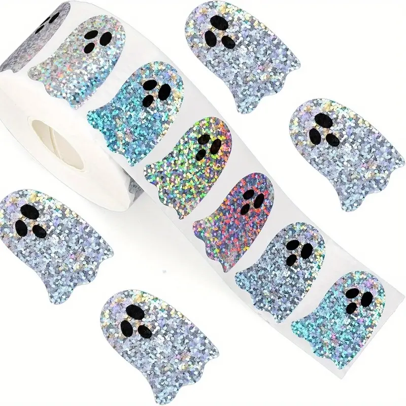 500pcs of 1.2 Inch/3 Cm Halloween Ghost-Shaped Waterproof Stickers, Halloween Party Atmosphere Stickers, Envelope Decoration Packaging Label Stickers, Shiny Ghost Sticker Rolls