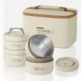 4 Pcs Insulated Bento Box Portable Stainless Steel Food Container Round Microwave Safe Stackable Leakproof Thermal Food Container for Adult Men Women with Insulated Bag(Beige)