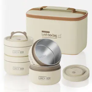 4 Pcs Insulated Bento Box Set Portable Stainless Steel Round Microwave Safe Stackable Leakproof Thermal Food Container for Adults with Beige Insulated Bag