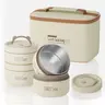 4 Pcs Insulated Bento Box Portable Stainless Steel Food Container Round Microwave Safe Stackable Leakproof Thermal Food Container for Adult Men Women with Insulated Bag(Beige)