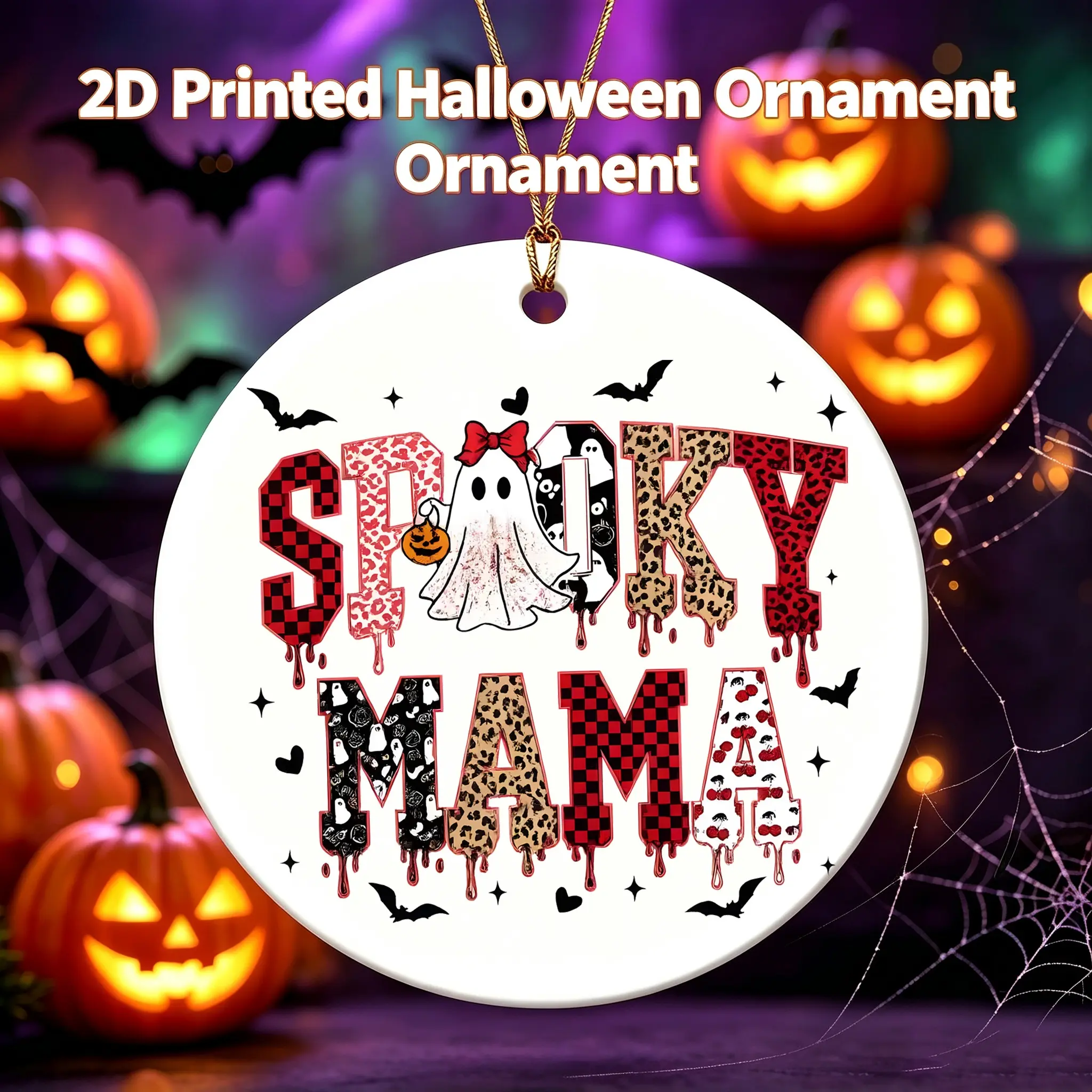 Spooky Halloween Style Ceramic Ornament 2D Printed Spooky Mama Ghost Bat Pattern Ceramic Pendant For Mom Family Home Decoration 3 Inch
