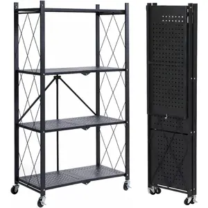 4 Tier Foldable Storage Shelf, Large Capacity Metal Shelf Rack, Rolling Bookshelf with Wheels, Wire Shelf Organizer for Kitchen, Pantry, Office, Garage, Basement, Black