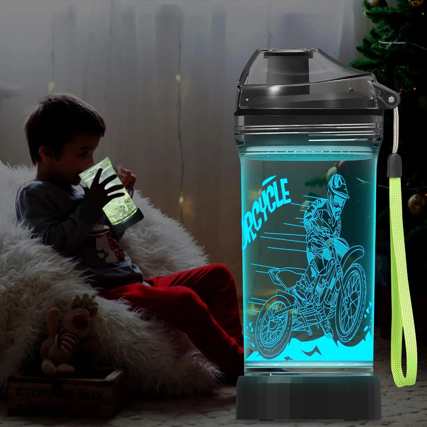 Dirt Bike Water Bottle, Glow in the Dark, 14 oz |   LED Light-Up Base, BPA-Free Tritan, Travel Cup for School, Camping, Great Motocross Gift for Boys Kids