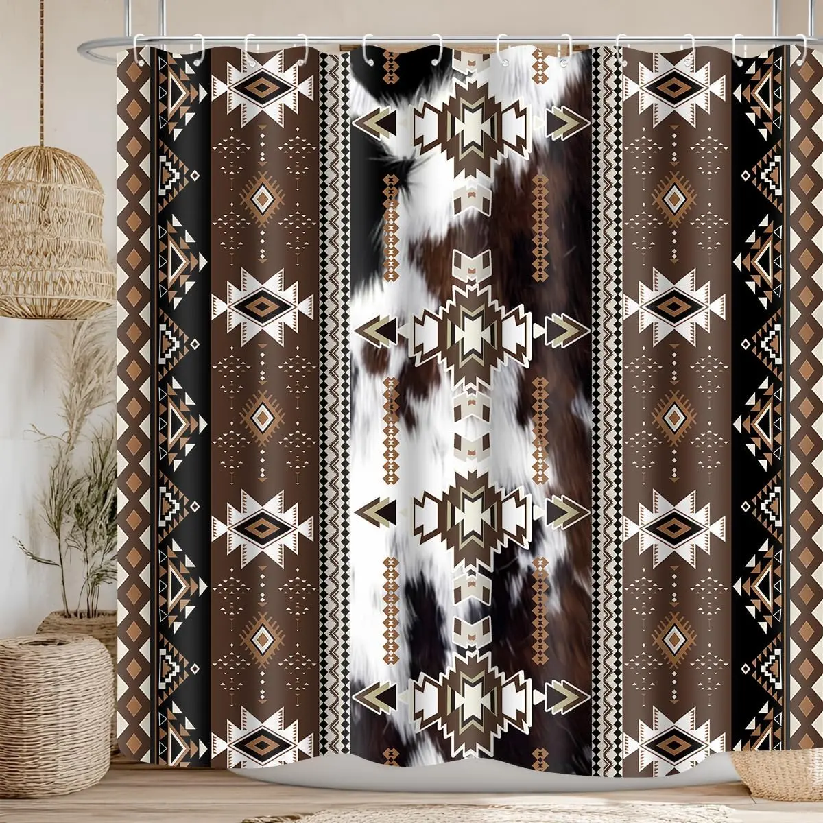 Western Aztec Print Retro Fabric Shower Curtain - 72x72in Black Brown Rustic Country Native American Tribal Southwest Abstract Geometric Stripes Design - Bathroom Bathtub Door Decor with 12 Plastic-Metal Hooks, Washable
