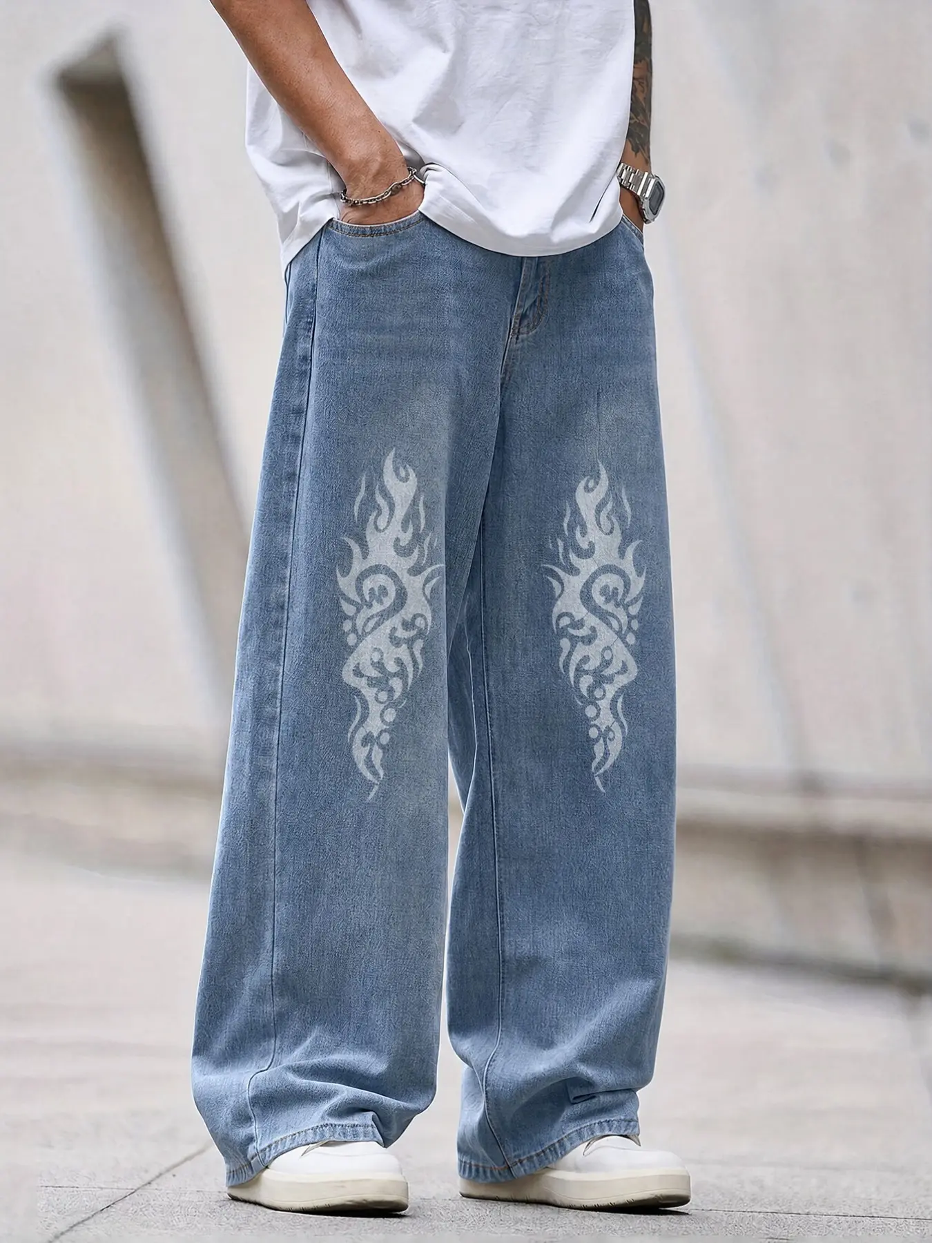 Y2K Millennial Tribal Flame Print Wide Leg Jeans, Unisex Vintage Light Blue Washed Gradient Distressed Drop Hem, Casual Vacation Wear
