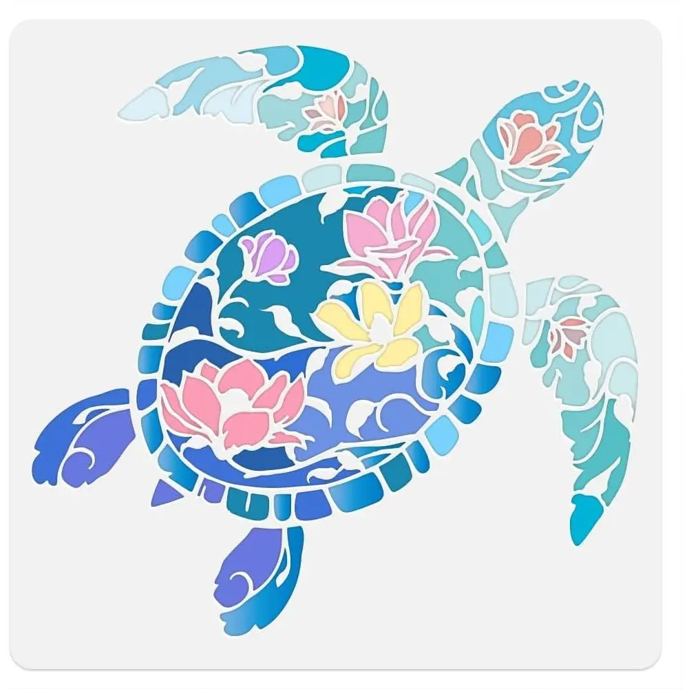 11.8 x 11.8 Inch Reusable Sea Turtle with Magnolias Craft Stencil Template for Painting on Wood Wall Floor Fabric Furniture DIY Home Decor