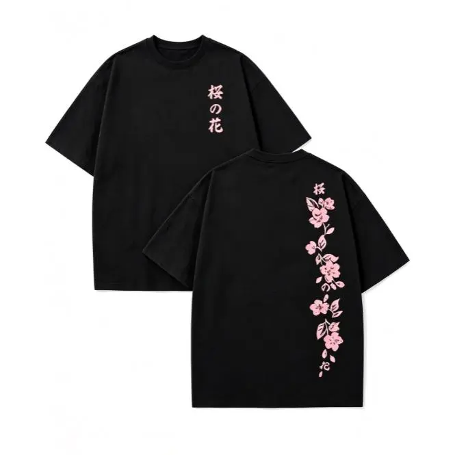 Women's Oversized Soft Cotton Garment, Shortsleeve Minimalist Aesthetic T-Shirt - Double-Sided Sakura Cherry Blossom, Japanese Kanji, Floral Prints, Breathable Streetwear Casual Top, Perfect Birthday Gift Fabric L