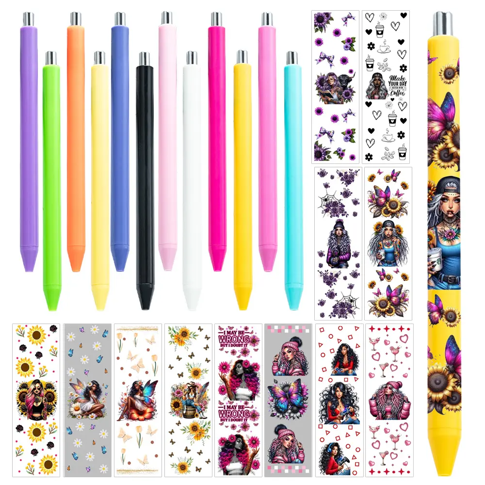 12-Pack UV DTF Pen Wrap Kit - Elegant Black Girl Set with Transfer Stickers & Ballpoint Pens for Personalized DIY Craft Gifts